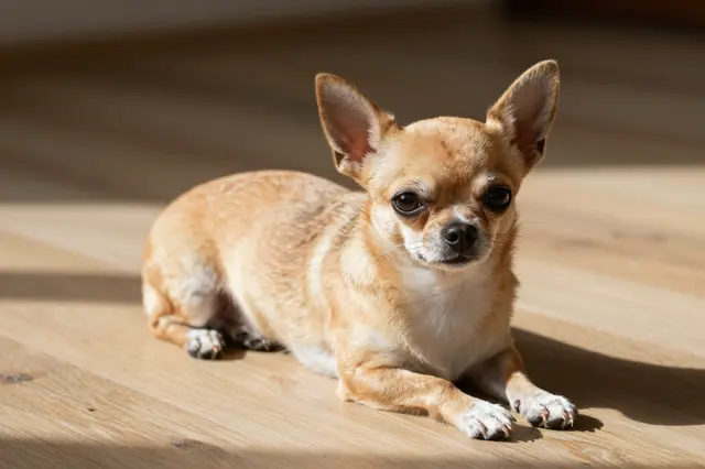 A short-haired fawn chihuahua lies calmly on a sunlit wooden floor looking at the camera.