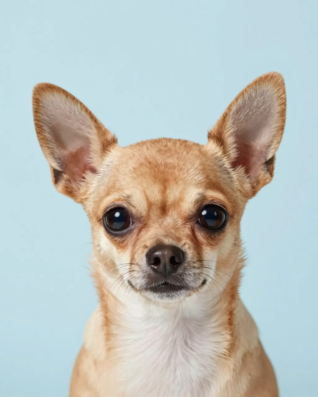 Close-up head portrait of a fawn Chihuahua looking directly at the camera against a pale blue backdrop