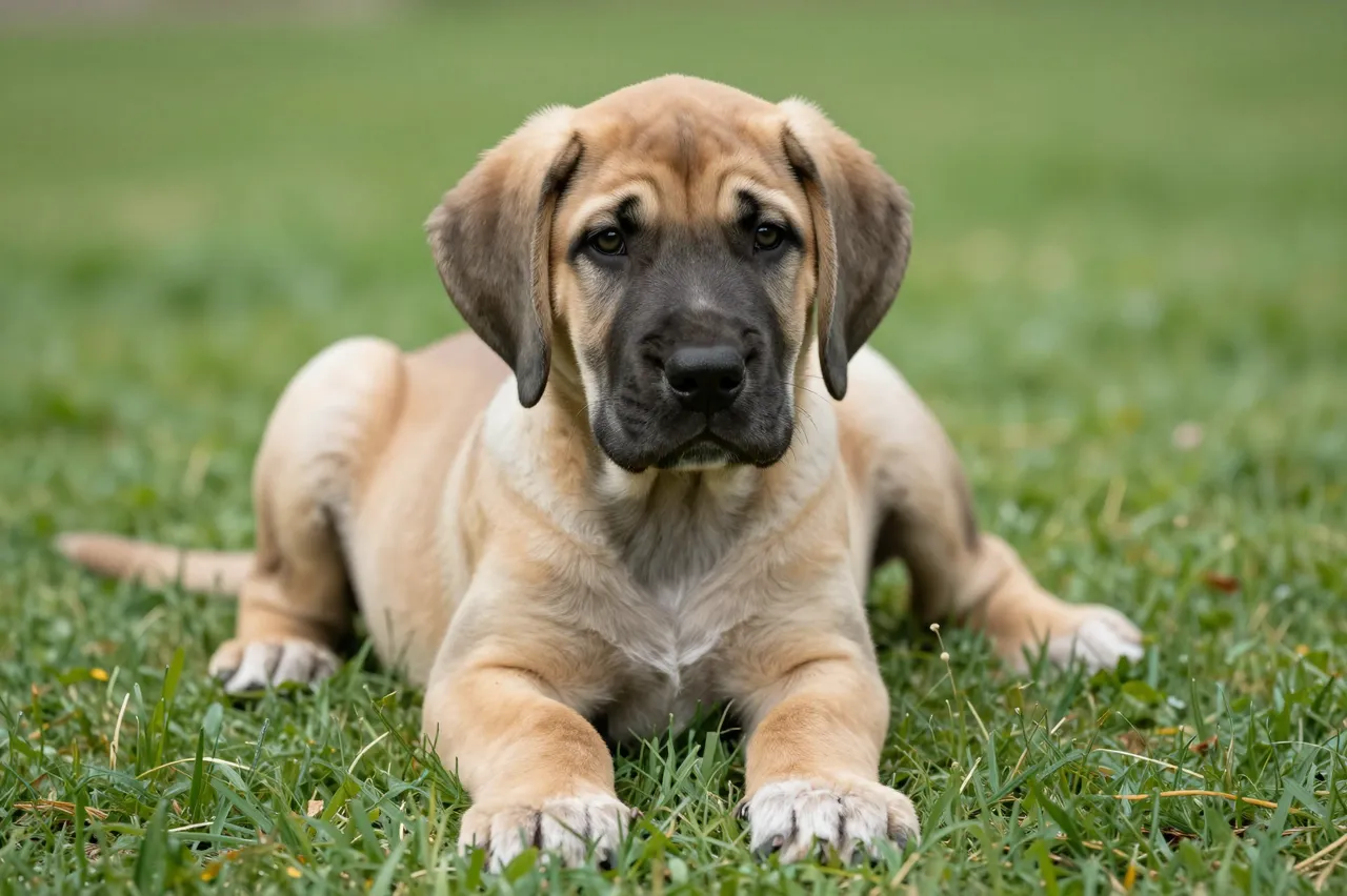 A fawn Great Dane puppy with floppy ears lies resting on lush green grass.