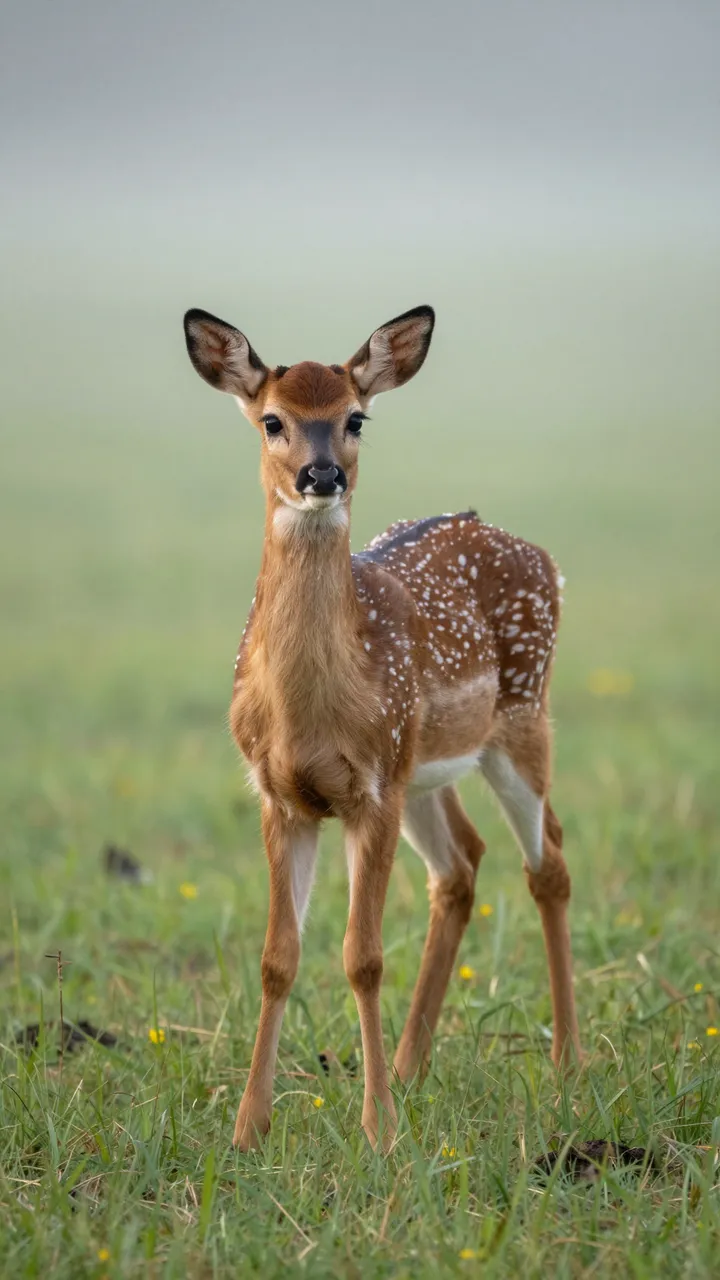 A spotted white-tailed fawn stands alert in a foggy grass meadow at soft dawn.
