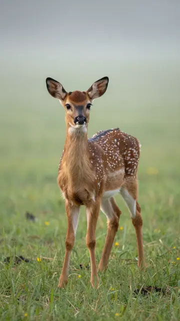 A spotted white-tailed fawn stands alert in a foggy grass meadow at soft dawn.