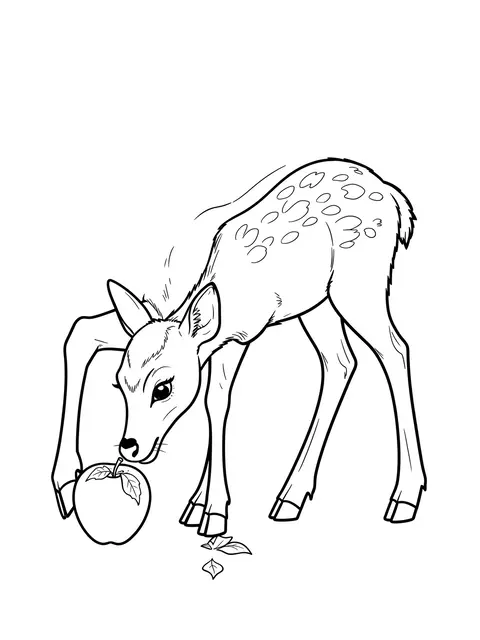 Bold black and white line art of a spotted young fawn bending to nibble a fallen apple on a plain white background