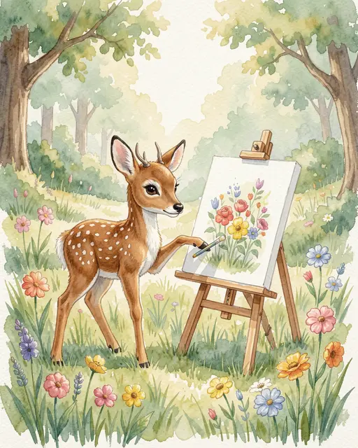 A spotted fawn holds a paintbrush to draw wildflowers on an easel in a sunlit forest glade