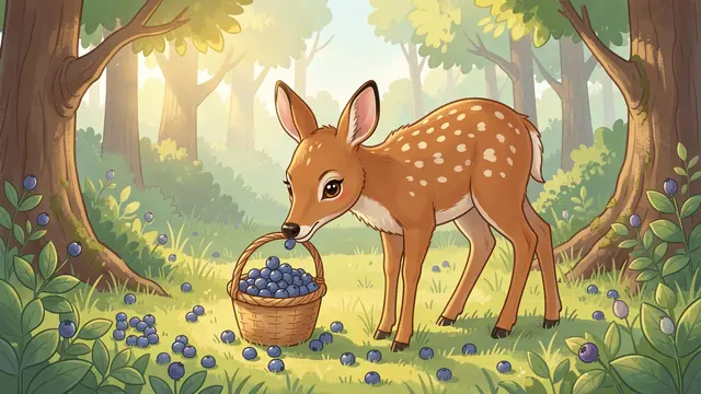 Cute spotted fawn carries a blueberry in its mouth next to a wicker basket in a sunlit forest clearing