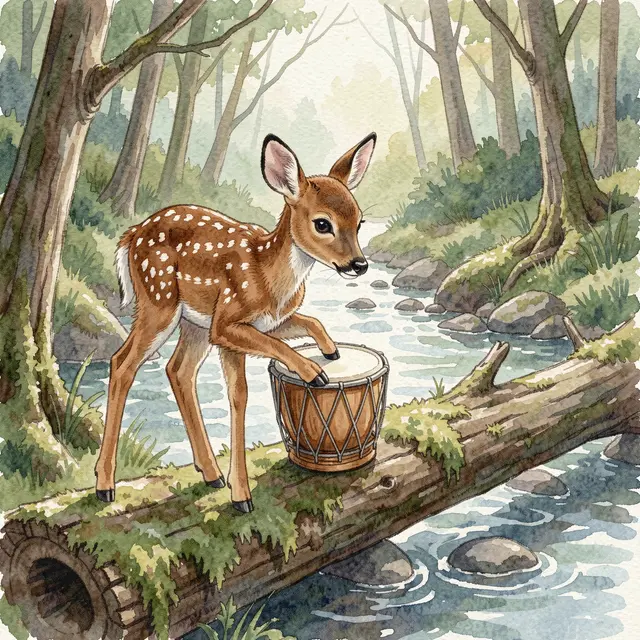 A spotted fawn taps a small hand drum while standing on a mossy log over a woodland stream