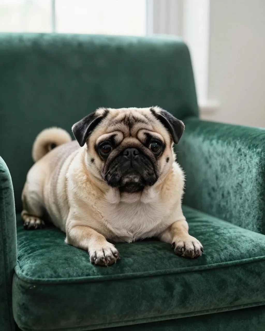 A fawn pug lies resting on a plush green velvet armchair near a sunlit window.