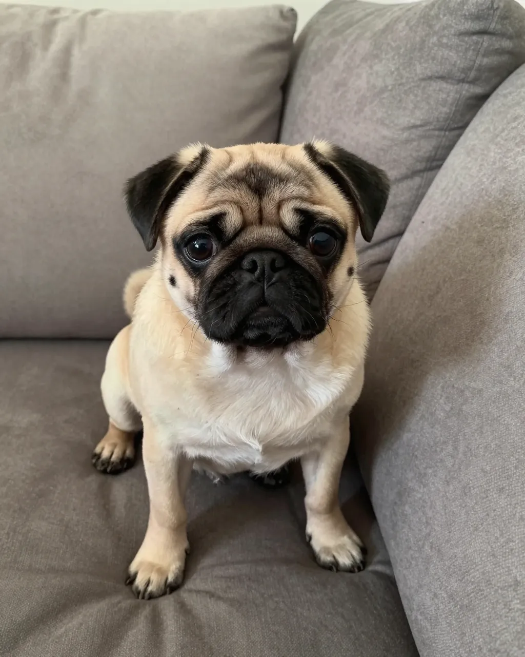 A fawn pug puppy with a wrinkled black face sits looking directly at the camera on a gray fabric couch