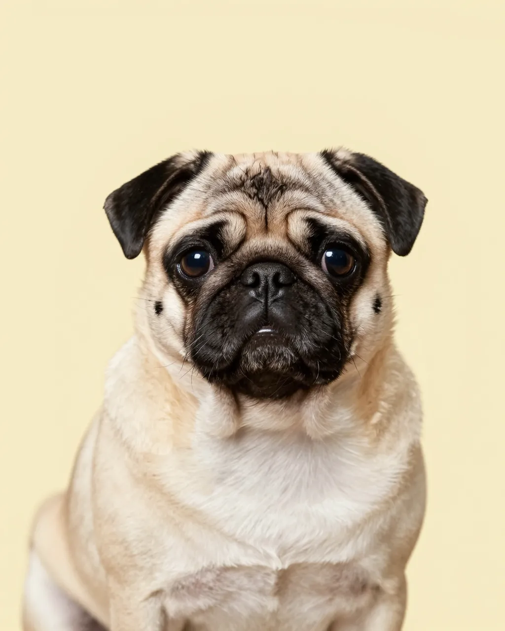 A fawn pug with a wrinkled forehead sits facing the camera against a soft pastel yellow background