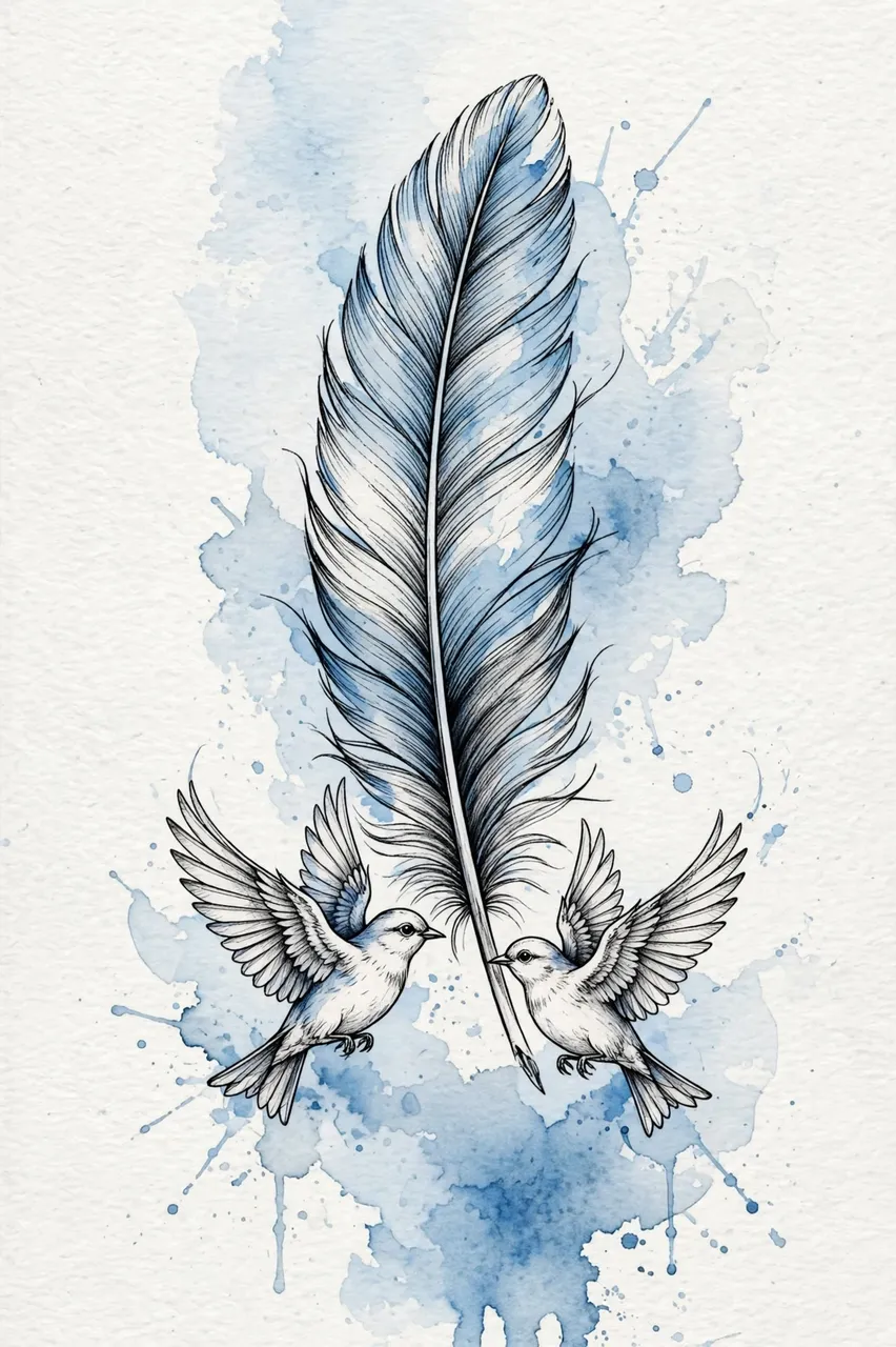 Linework feather paired with two flying birds over soft blue watercolor wash