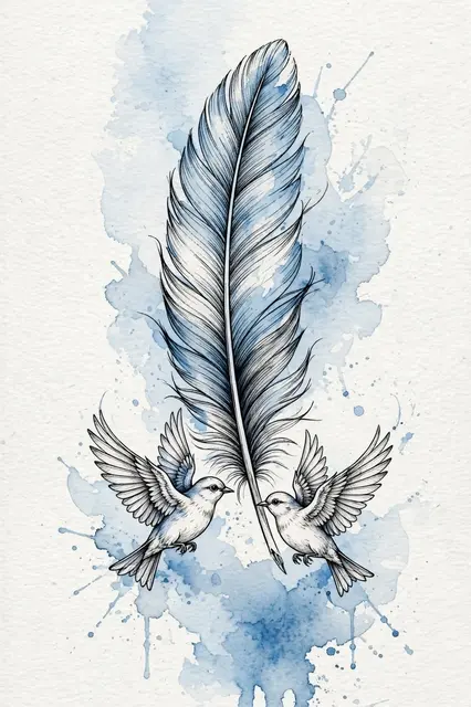 Linework feather paired with two flying birds over soft blue watercolor wash