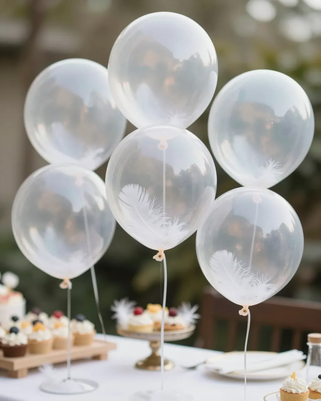 Clear feather-filled balloons float above an outdoor birthday dessert table under soft daylight