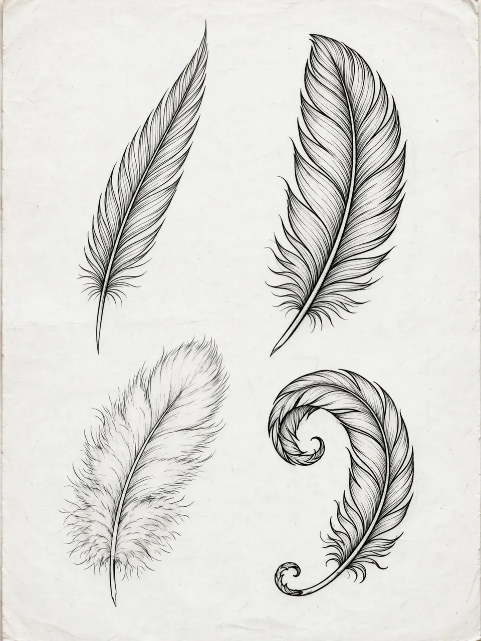 Four distinct feather illustrations drawn in delicate black ink on textured off-white paper