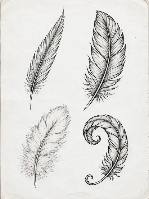 Four distinct feather illustrations drawn in delicate black ink on textured off-white paper