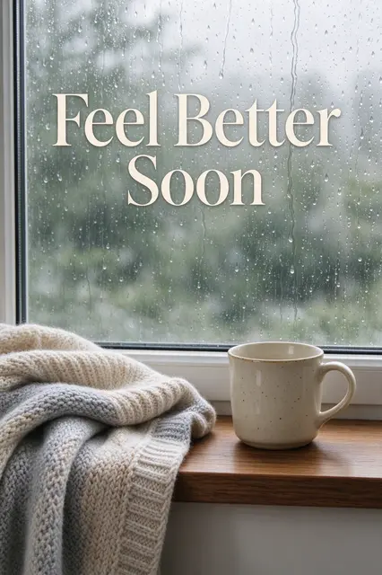 The text "Feel Better Soon" appears above a knitted blanket and ceramic mug on a rainy windowsill.