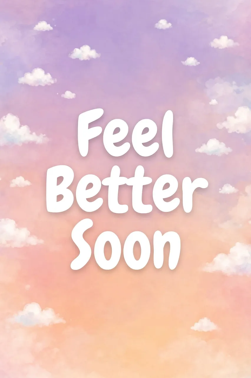 Centered rounded white text reading "Feel Better Soon" over a soft lavender to peach gradient dotted with small white fluffy