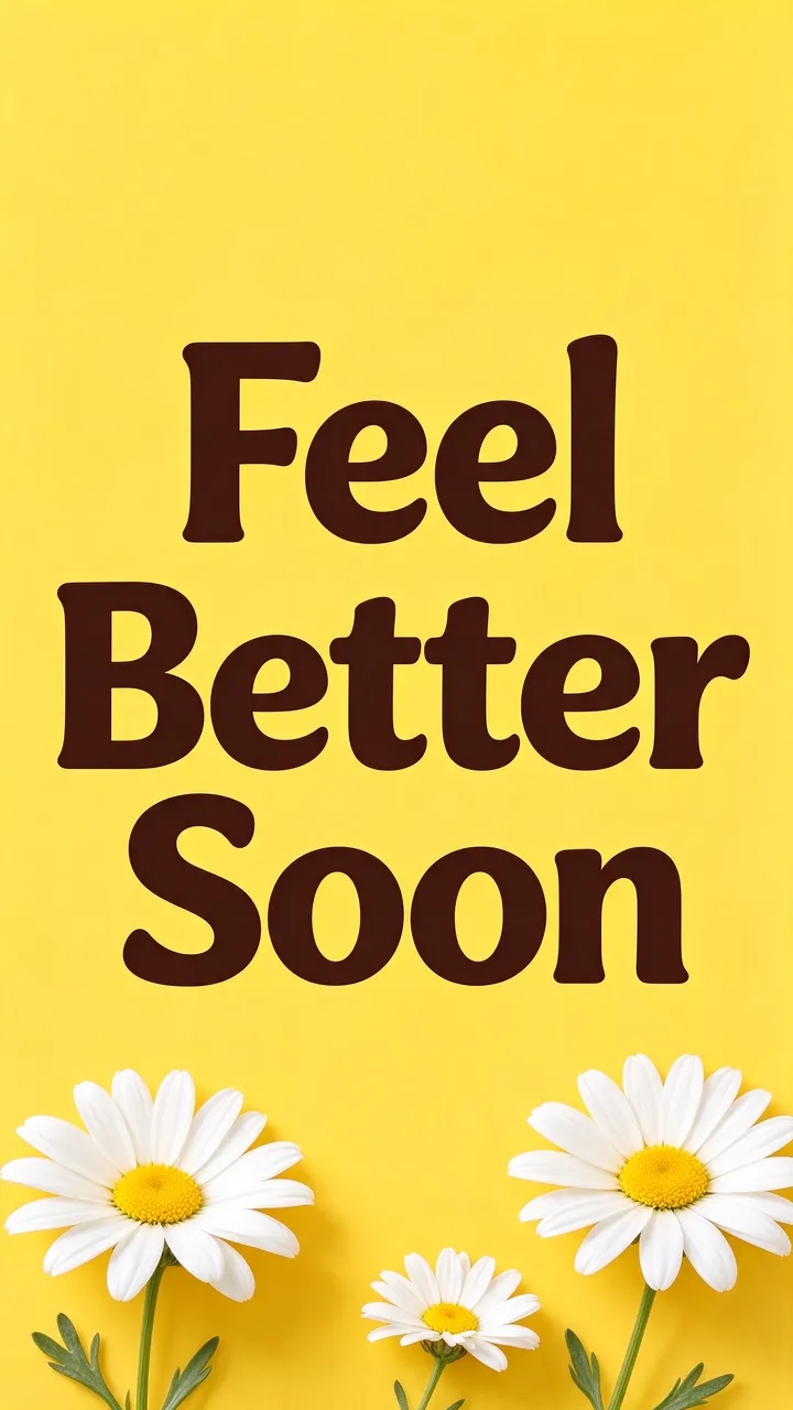 Bright sunny yellow vertical wallpaper with the text "Feel Better Soon" above white daisies along the bottom edge.