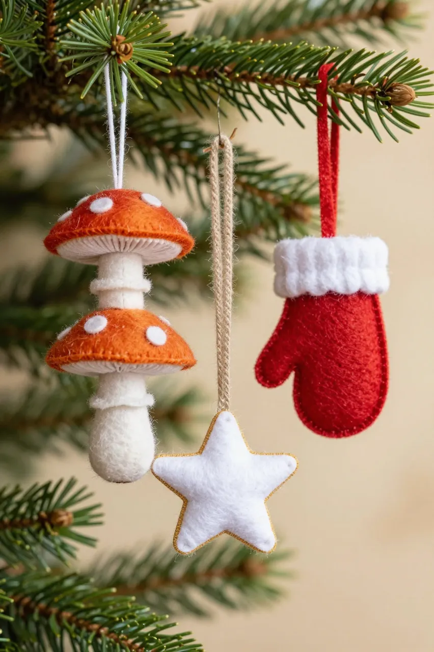 Handmade felt mushroom, star, and mitten Christmas ornaments hang from a fir branch in warm soft light.