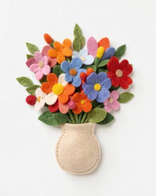 Handmade felt craft bouquet of colorful flowers arranged in a small stitched felt vase against a plain white background