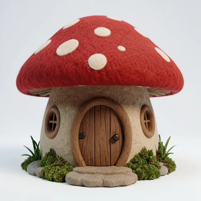 Felt textured 3D render of a whimsical mushroom house with round wooden door and tiny windows.