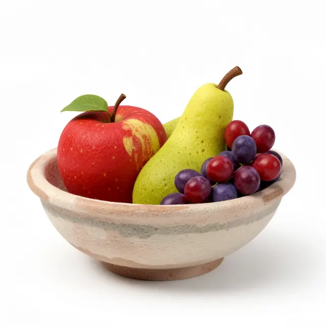 A felt-textured 3D bowl holds a red apple, green pear, and clusters of red and purple grapes against a plain white background