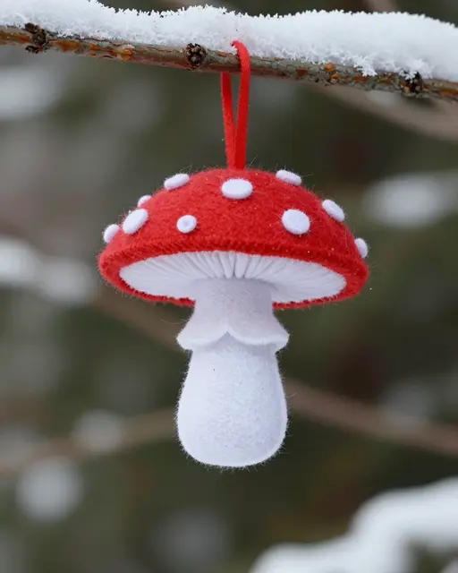 Red and white felt toadstool ornament hanging from a snow-covered tree branch in winter