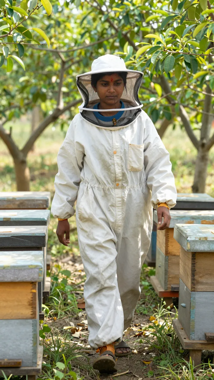 South Asian woman in a white beekeeper suit walks between wooden beehives in a sunlit fruit orchard.