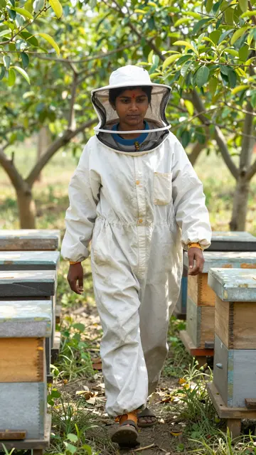 South Asian woman in a white beekeeper suit walks between wooden beehives in a sunlit fruit orchard.