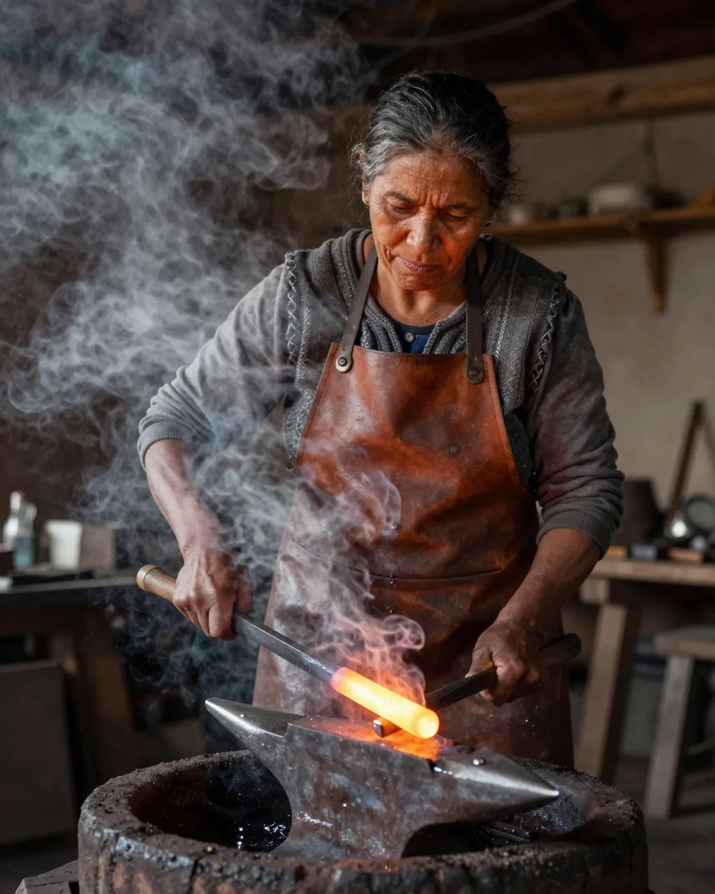 A woman in a leather apron forges glowing hot metal on an anvil as steam rises around her