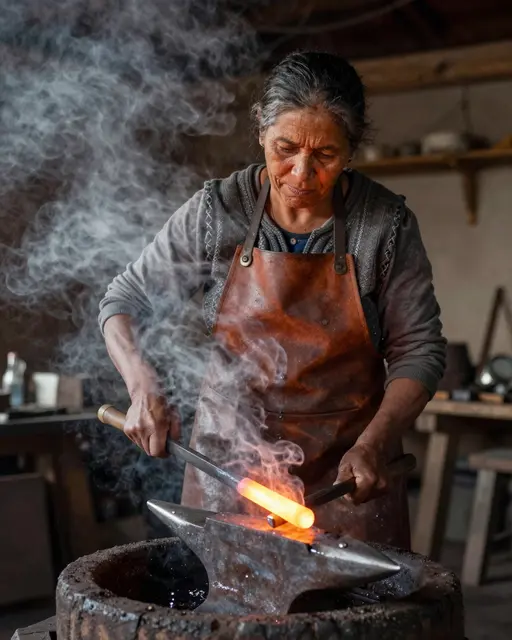 A woman in a leather apron forges glowing hot metal on an anvil as steam rises around her