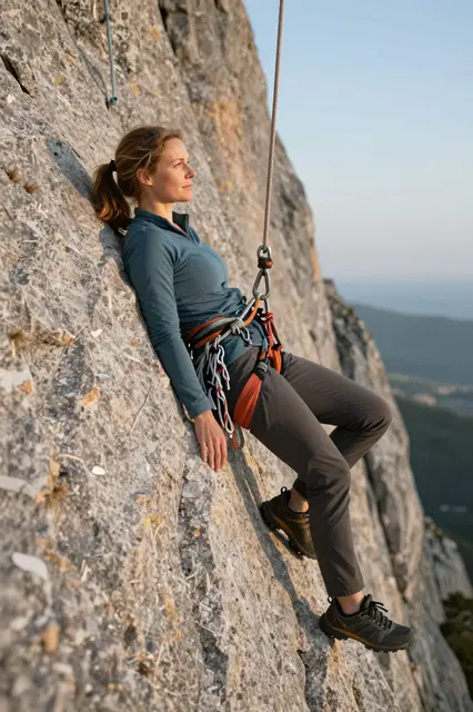 Side view of a woman in climbing gear resting against a granite rock face during golden hour