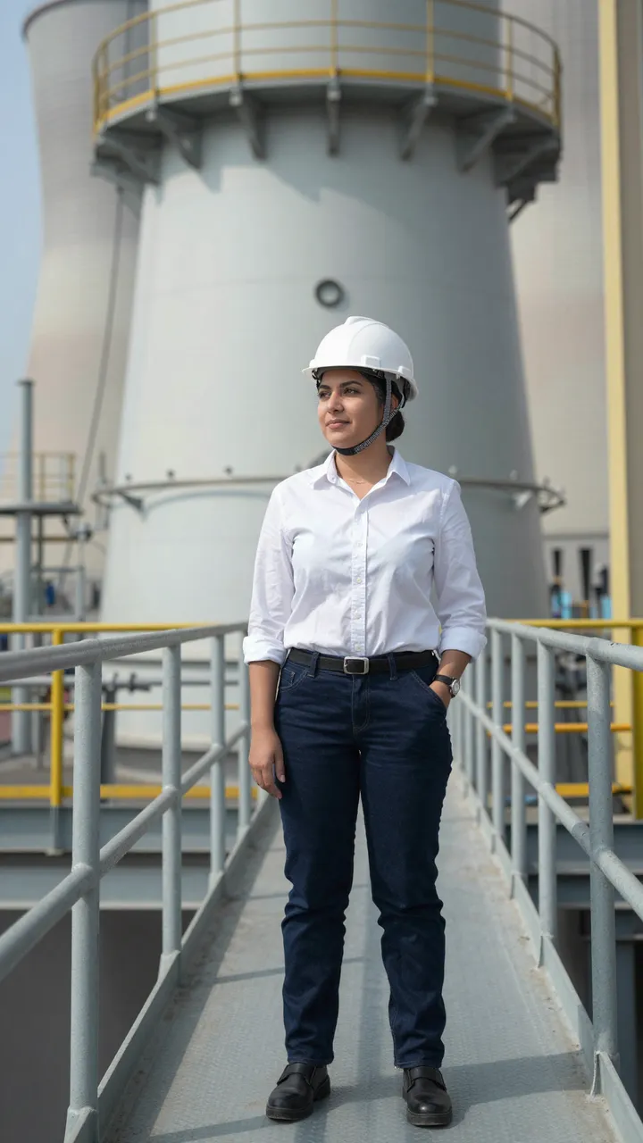 Latina woman in a white hard hat stands on a steel industrial walkway at a power station in bright daylight.