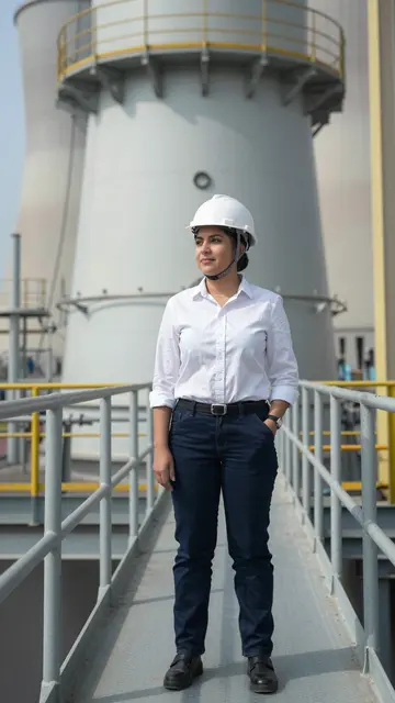 Latina woman in a white hard hat stands on a steel industrial walkway at a power station in bright daylight.