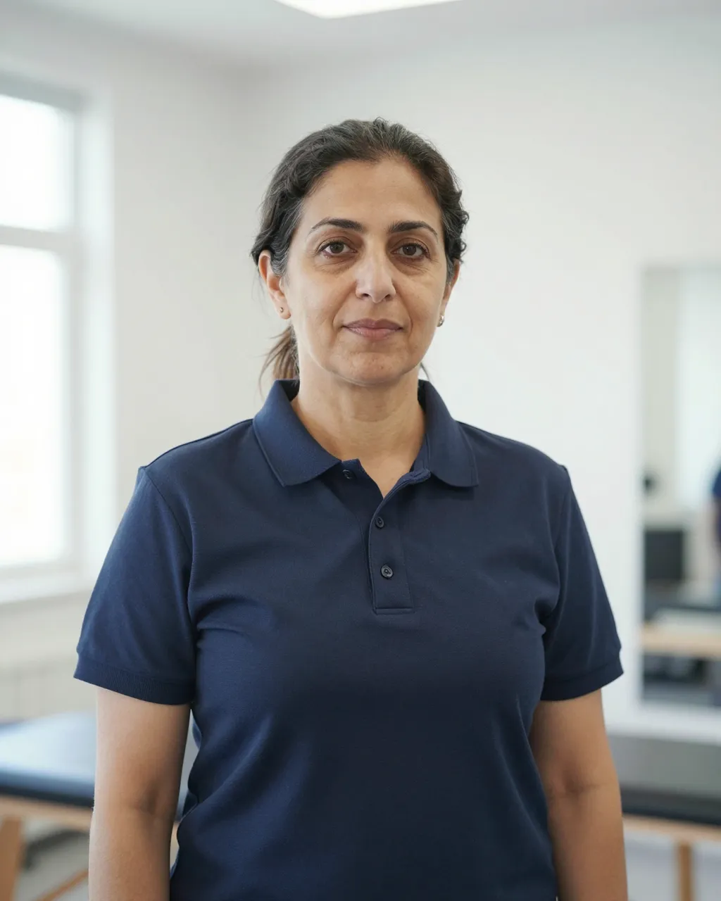 Middle Eastern woman in a navy polo stands facing the camera in a bright rehab clinic