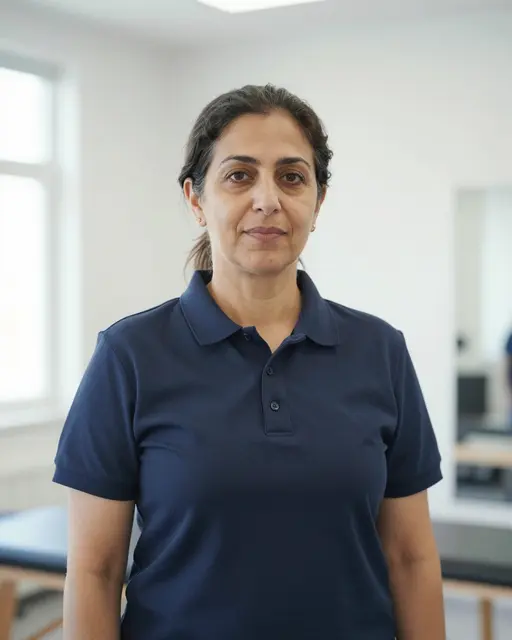 Middle Eastern woman in a navy polo stands facing the camera in a bright rehab clinic