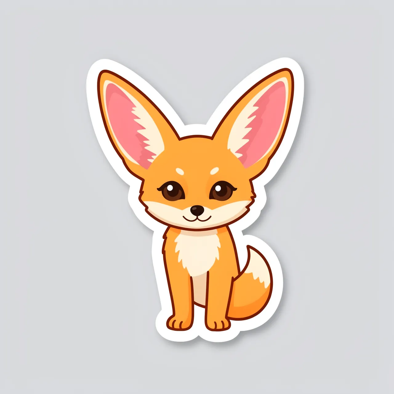 Cute flat illustration of a fennec fox sticker with a thick white border on a light gray background