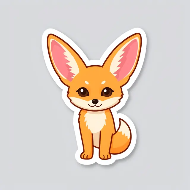 Cute flat illustration of a fennec fox sticker with a thick white border on a light gray background