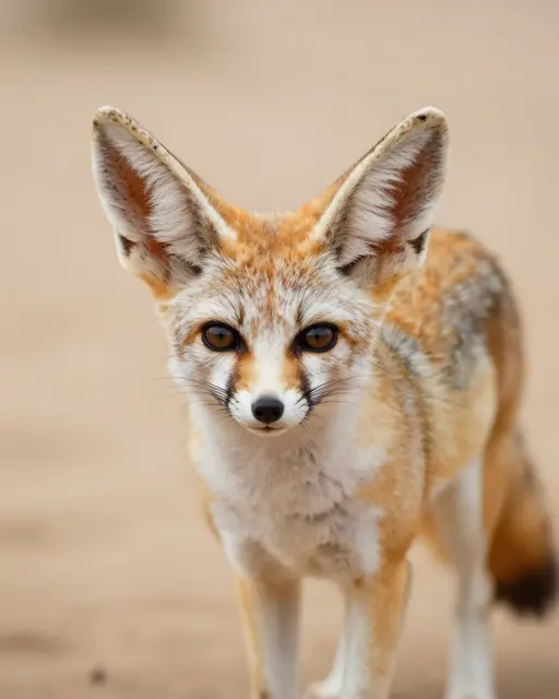 A fennec fox with large upright ears stands facing the camera against a blurred sandy desert background.