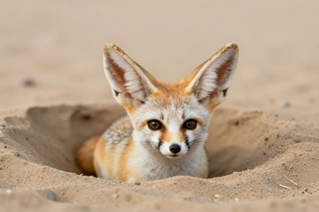 A fennec fox with large upright ears looks directly out from a sandy desert burrow in warm light