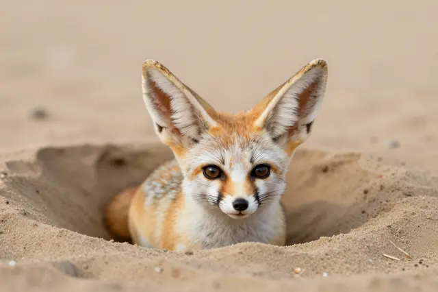 A fennec fox with large upright ears looks directly out from a sandy desert burrow in warm light