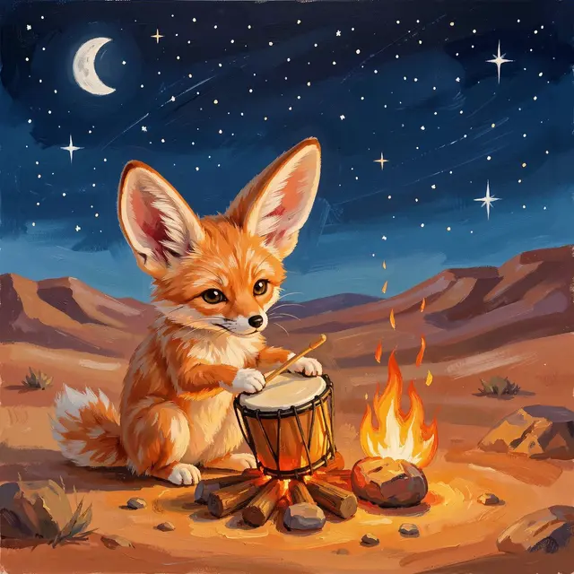 A gouache painted fennec fox taps a small hand drum beside a desert campfire under a starry crescent moon sky.
