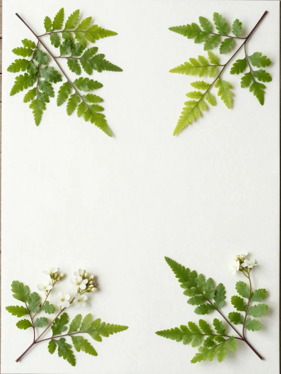 Overhead view of pressed maidenhair fern sprigs and small white flowers arranged on the four corners of blank white
