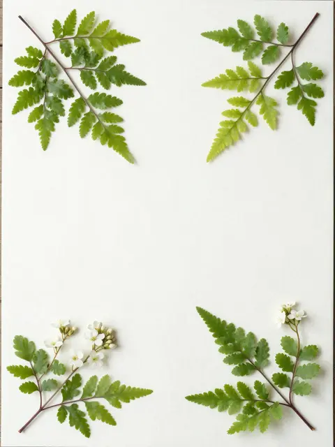 Overhead view of pressed maidenhair fern sprigs and small white flowers arranged on the four corners of blank white