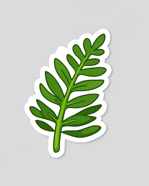 Cute flat illustration of a fern frond die-cut sticker with a thick white border on a light gray background