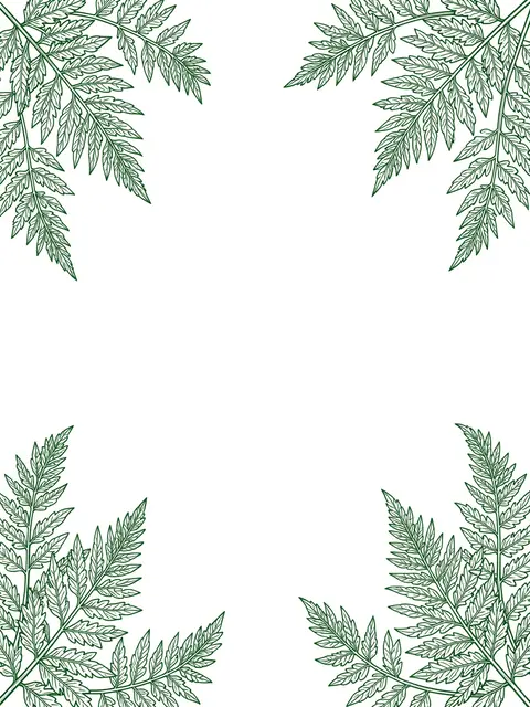 Sage green line art fern fronds frame the corners of a blank white page center