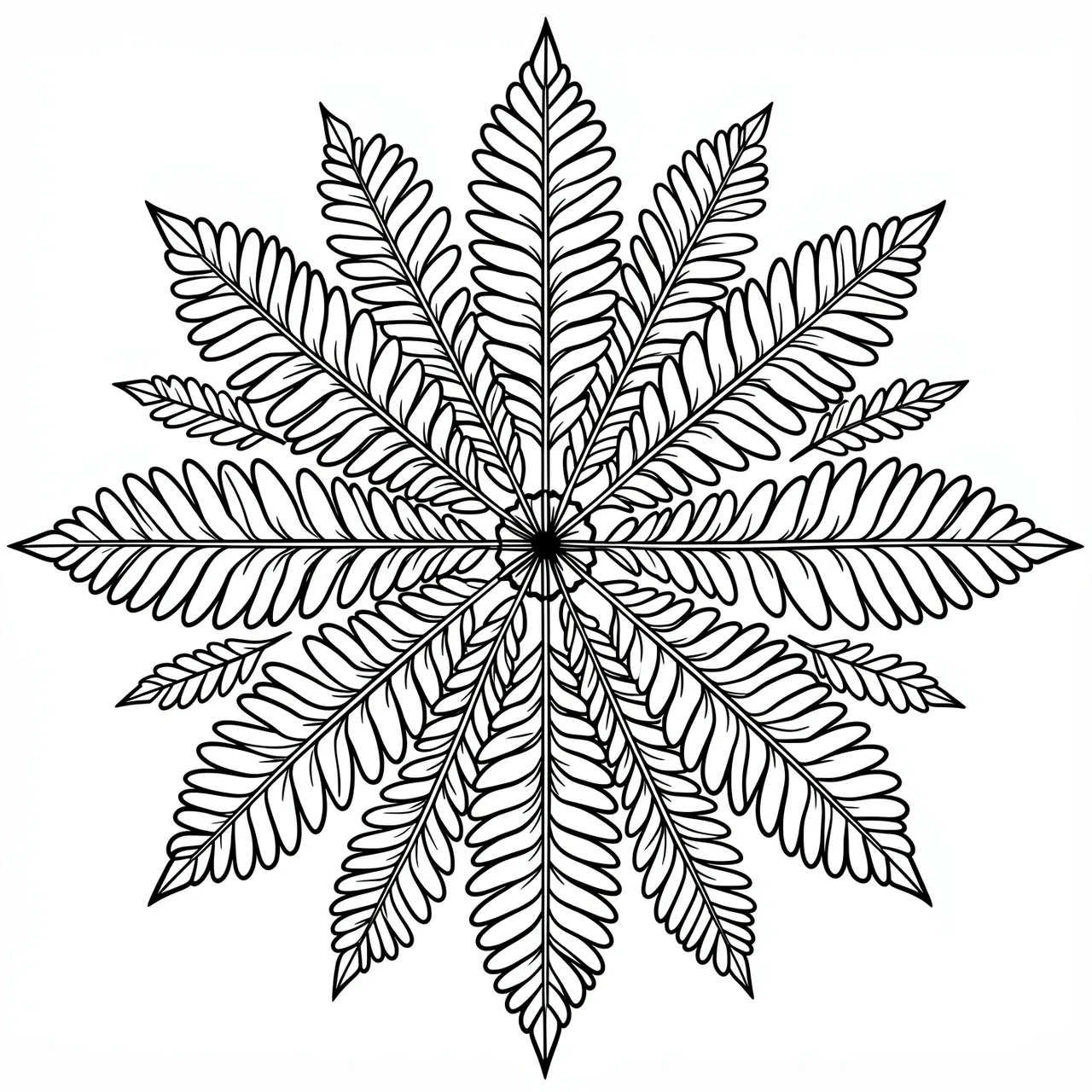 Symmetrical black line art mandala made of radiating fern fronds on a plain white background