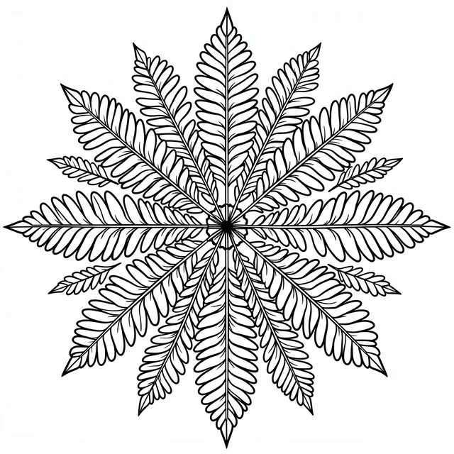 Symmetrical black line art mandala made of radiating fern fronds on a plain white background