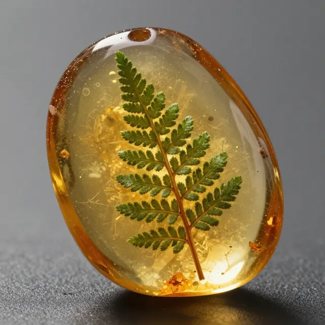 Backlit macro shot of golden amber holding a preserved fern frond against a neutral gray background