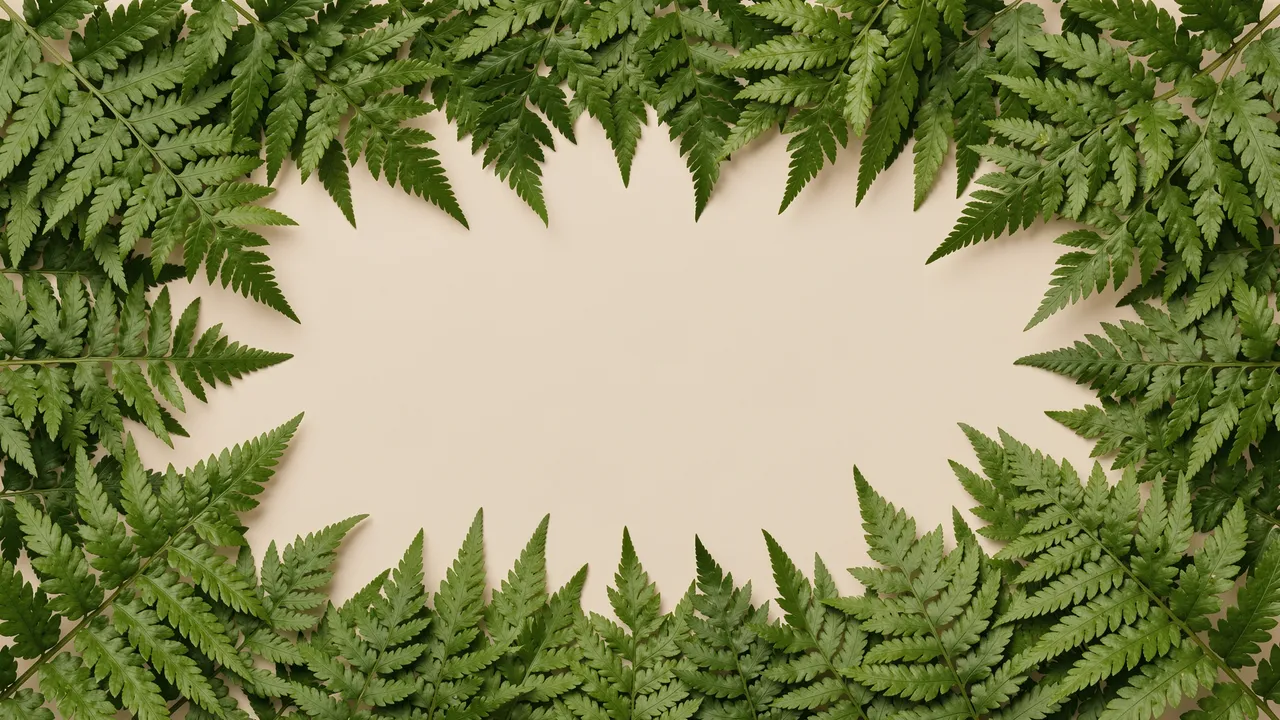 A decorative frame of green fern leaves surrounds a blank solid beige center.