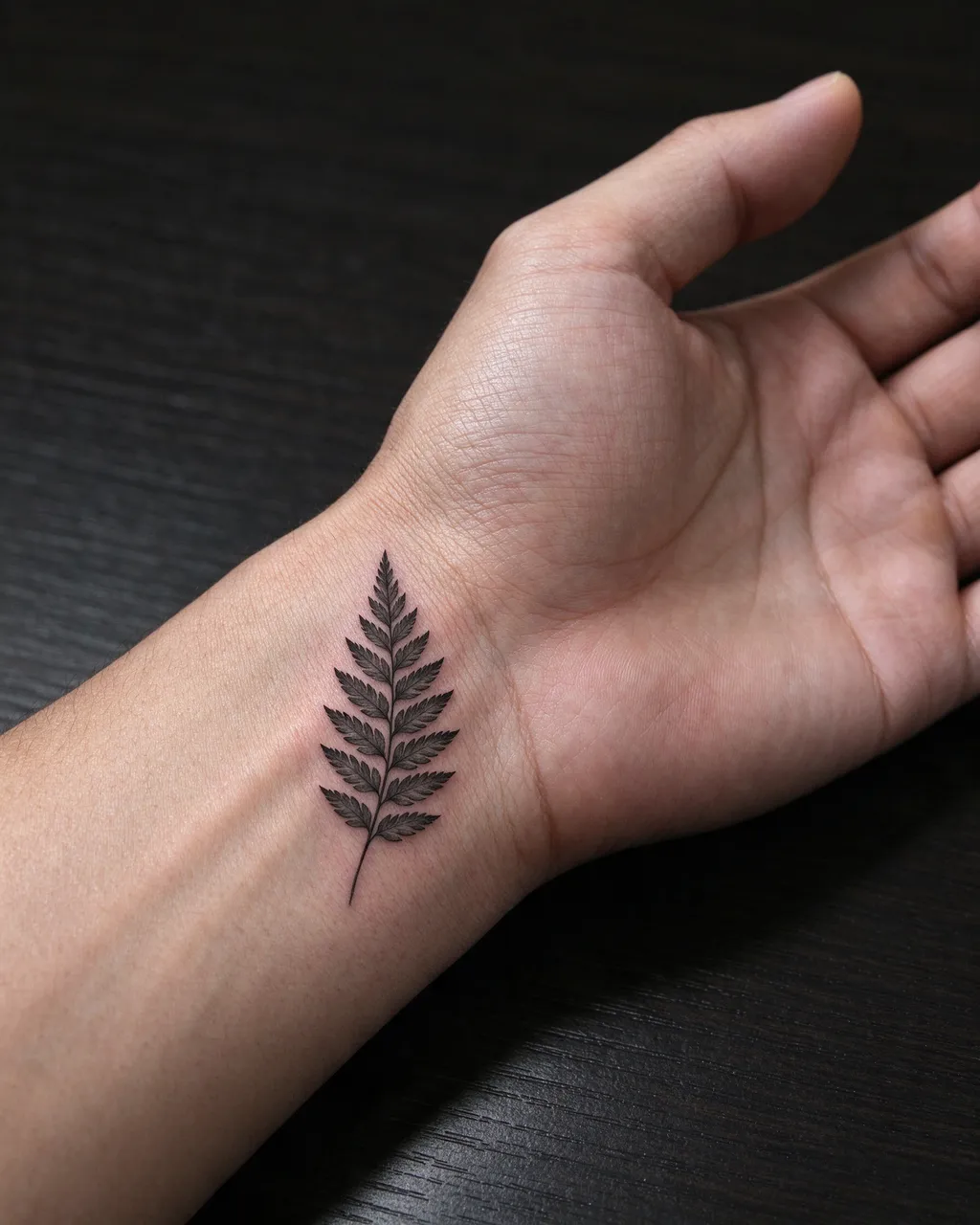 Close up of a palm-up hand resting on dark wood showing a delicate fern wrist tattoo