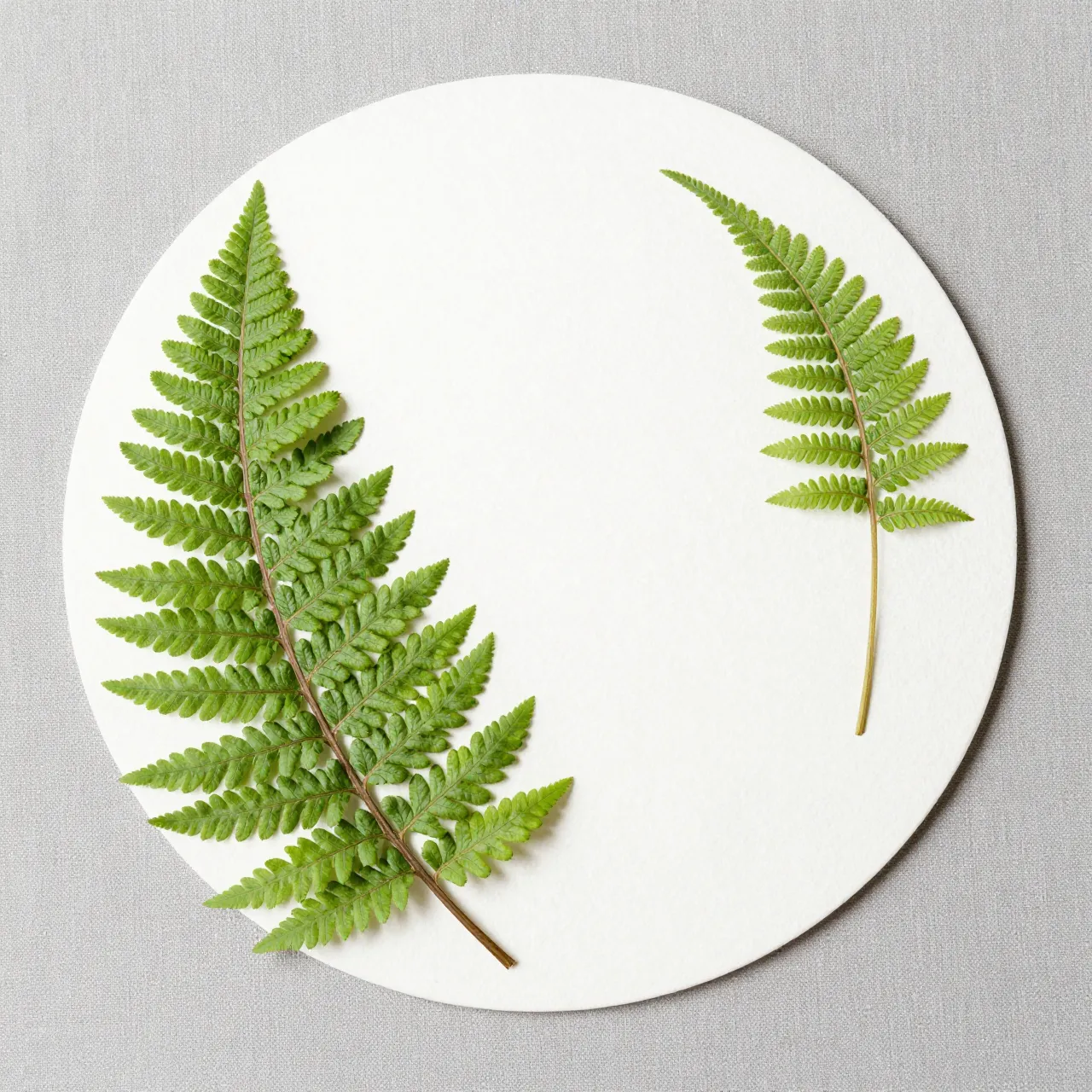 Overhead view of two pressed green fern fronds resting on round white paper over gray linen